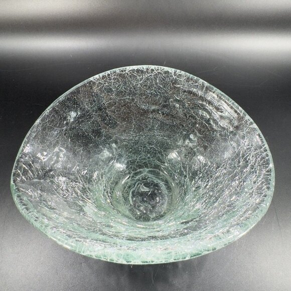 Hand Blown Clear Crackled Glass Folded Dish Bowl Hand Made Glass Decor Vintage - Picture 12 of 16